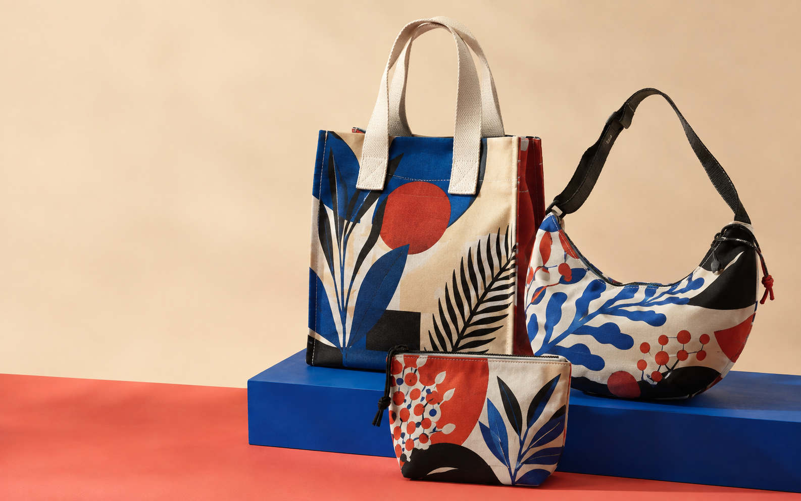 Custom printed tote, crescent bag and pouch collection