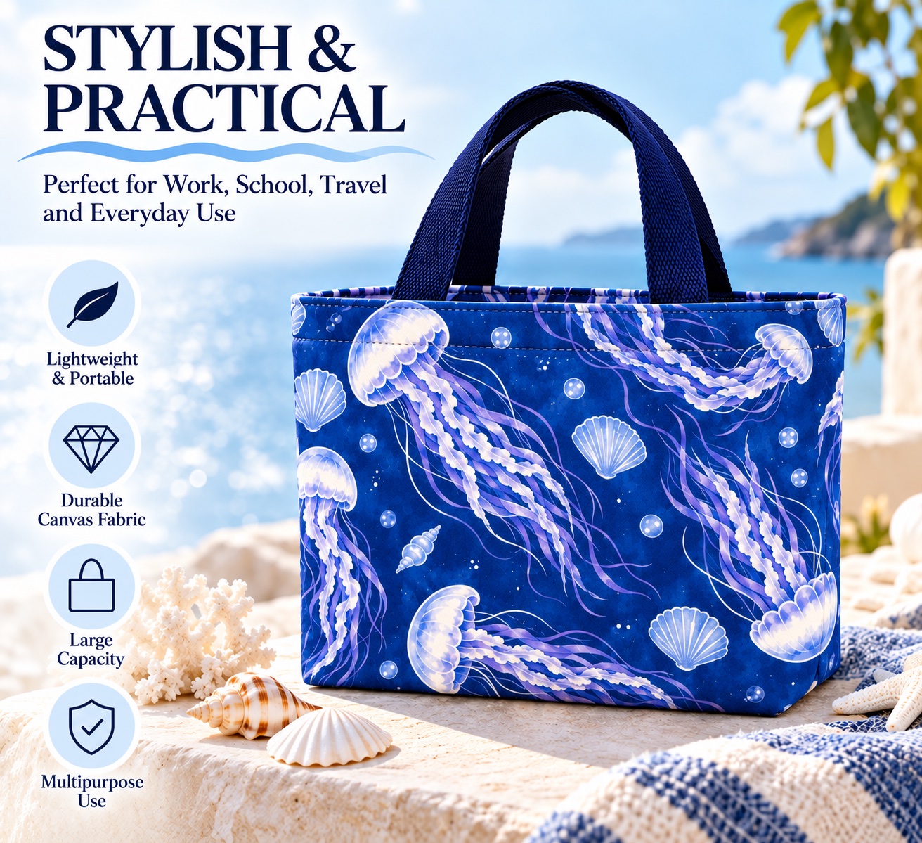 Custom Deep Blue Jellyfish Canvas Tote Bag Manufacturer