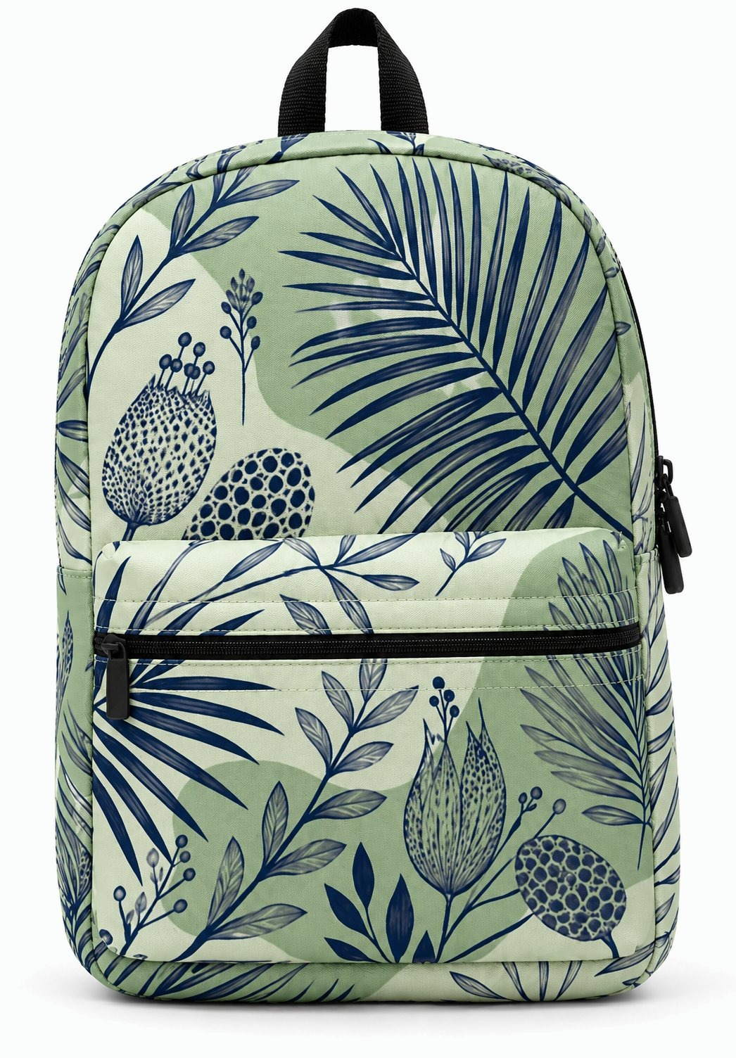 Backpack in navy botanical print on sage canvas