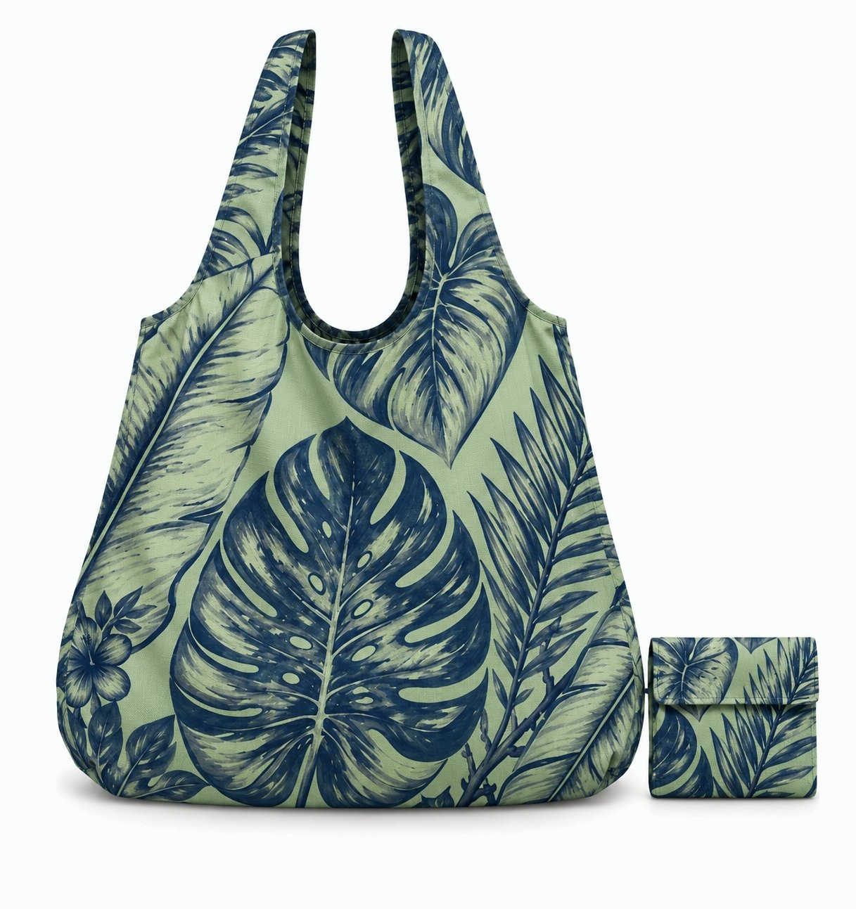 Foldable shopping bag in navy botanical print on sage canvas, with pouch