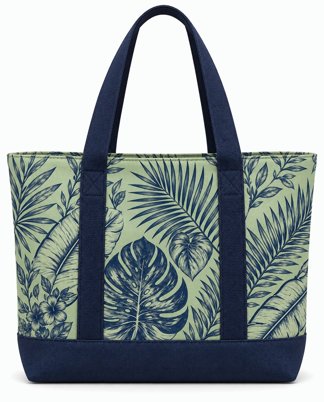 Tote bag in navy botanical print on sage canvas