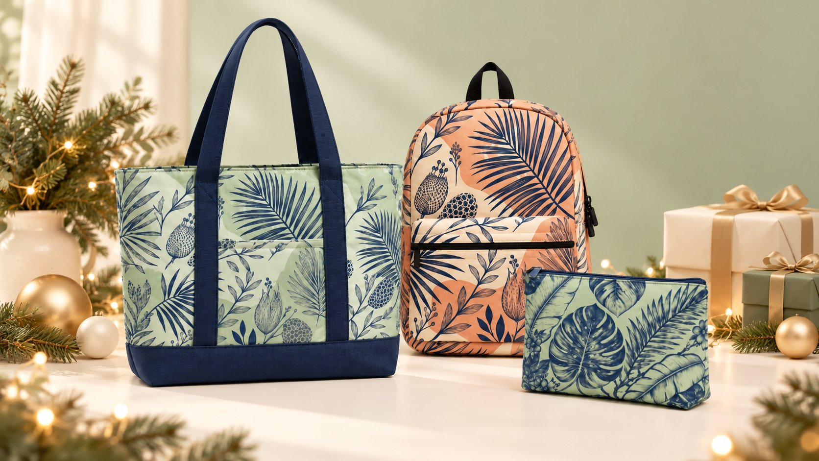 Matching botanical print tote, backpack and pouch on a Christmas table with wrapped gifts