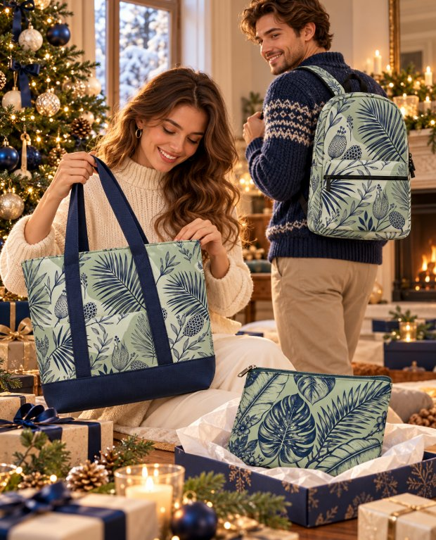 Models holding a matching botanical print tote and backpack beside a Christmas tree with wrapped gifts