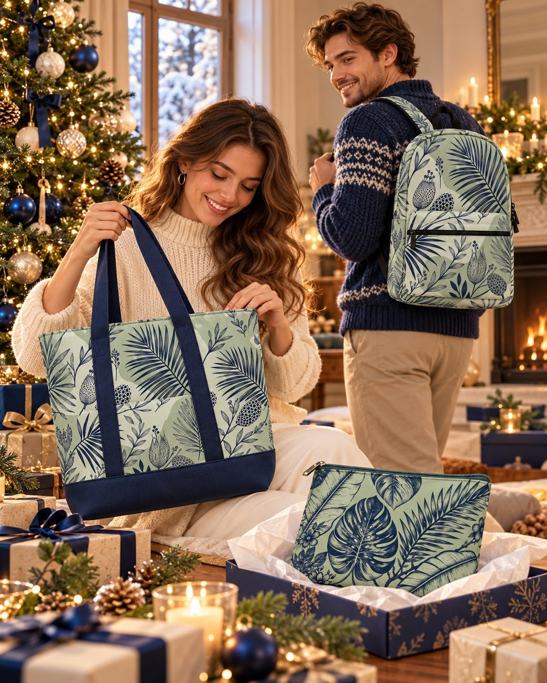 Matching sage-green botanical print tote, backpack and pouch in a warm Christmas interior