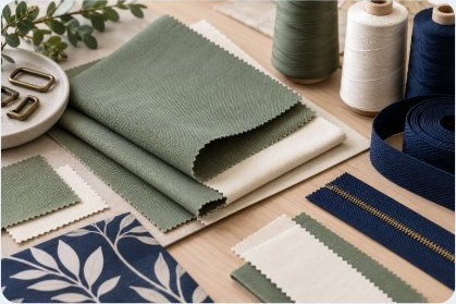 Illustrative bag material selection with sage canvas, navy webbing, thread cones and navy leaf-print fabric