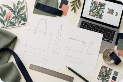 Illustrative bag tech pack with tote technical drawings, laptop, colour swatches and pencil