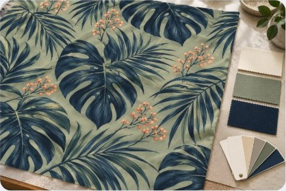 Illustrative navy leaf-print fabric with sage and cream colour swatches for print colour matching