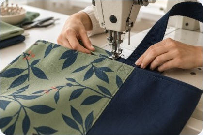 Illustrative sewing machine stitching sage canvas and navy panels during bag construction