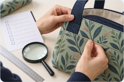 Illustrative sample review with a magnifier, ruler and inspection checklist beside a printed bag sample