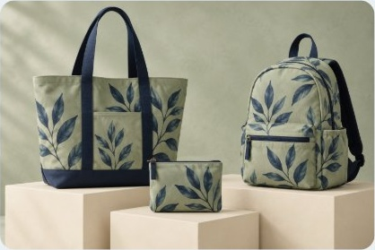 Illustrative finished tote, backpack and pouch in navy leaf print on sage canvas on display plinths