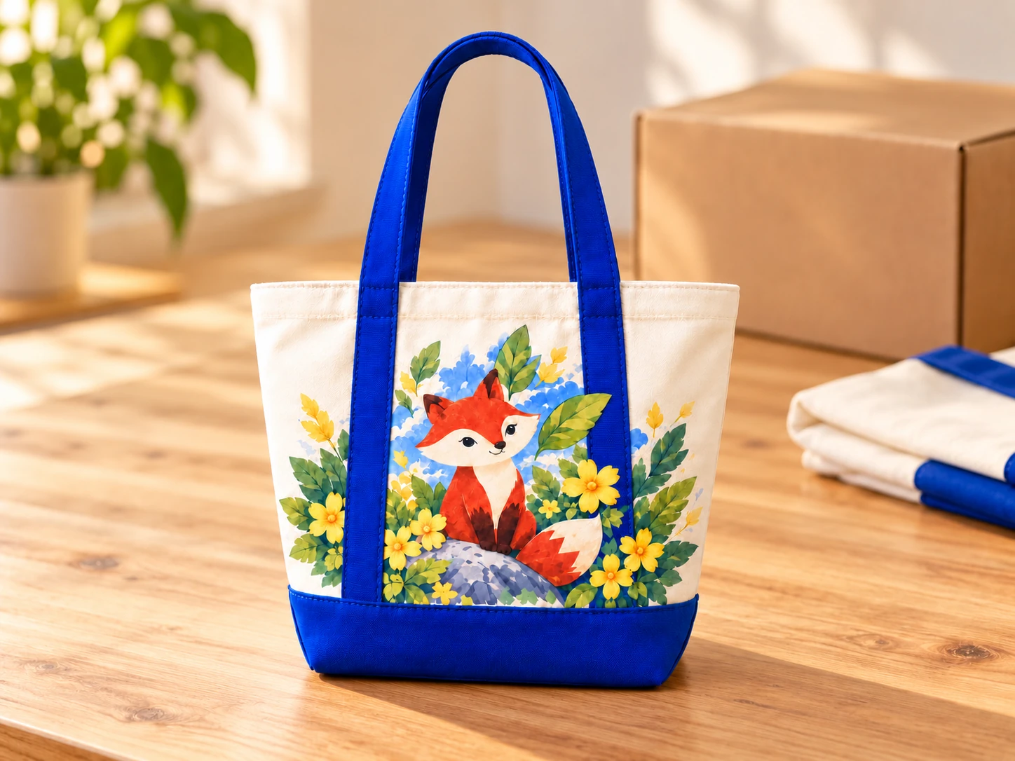 Illustrative finished fox-print tote in cream canvas with cobalt blue handles and base, matching the selected bag concept