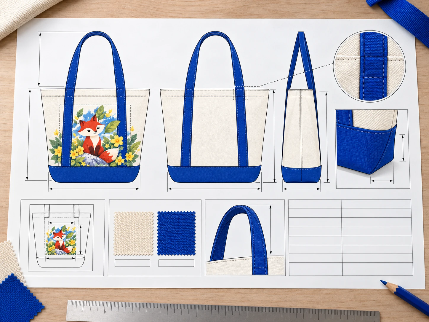Illustrative tech pack for the selected cream canvas and cobalt fox tote, showing front, back and side views with construction references