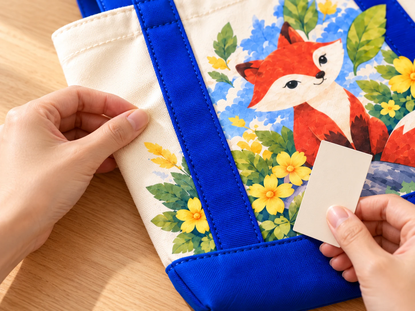 Illustrative close-up sample inspection of the selected cream canvas and cobalt fox tote, checking print, seams and handle attachment